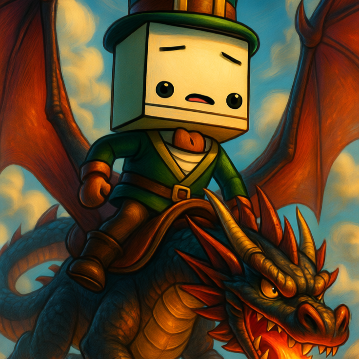 Castle Crasher Characters - Hatty Hattington riding a majestic dragon through clouds